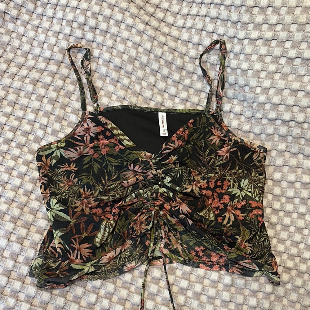 Xhilaration Black and Orange Ruched Tie Front Camisole